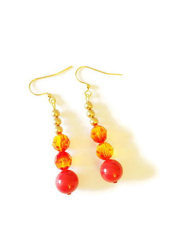 Red and Gold Crystal Pearl Earrings - Amelia