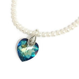 Pearl and Swarovski necklace with Swarovski crystal heart pendant in blue with Seterling Silver and Marcasite