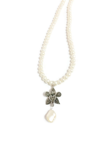Pearl and Swarovski necklace with Swarovski pearl pendant and Sterling Silver and Marcasite