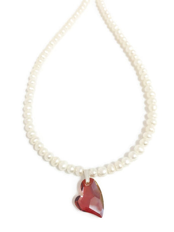 Pearl necklace with Swarovski heart pendant in Red