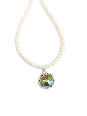 Pearl and Swarovski necklace with Swarovski crystal rivoli pendant in Green Crystal Vitrail