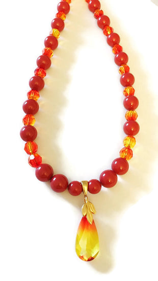 Crystal Pendant Necklace in Red and Gold - Gauri