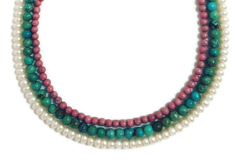 Triple Strand Pearl and Gemstone Bead Necklace - Anuya