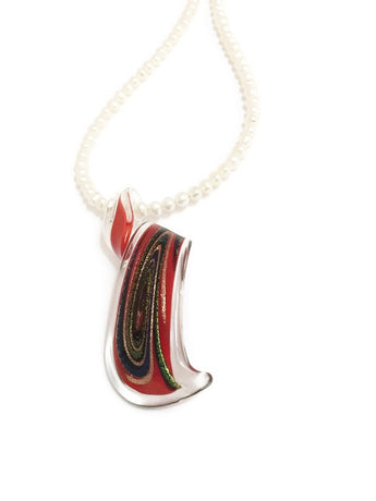 Pearl necklace with Lampworked glass pendant in red and black