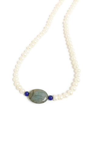 Pearl and Gemstone Necklace with Labradorite and dark blue Lapis lazuli natural Gemstone Beads