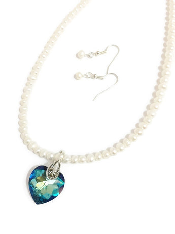 Pearl and Swarovski necklace with Swarovski crystal heart pendant in blue