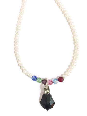 Pearl and Swarovski necklace with colored Swarovski crystals and Swarovski pendant