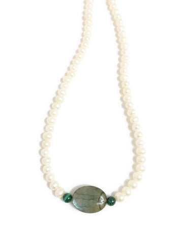 Pearl necklace with Labradorite and Green Malachite Gemstone Beads