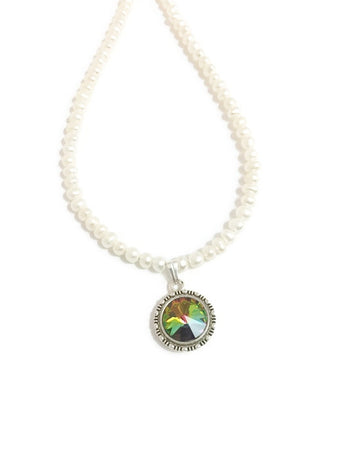 Pearl and Swarovski necklace with Swarovski crystal rivoli pendant in Green Crystal Vitrail