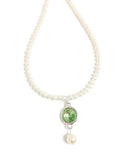 Pearl and Swarovski necklace with Swarovski crystal rivoli pendant in Peridot or Green and Swarovski Pearl in cream