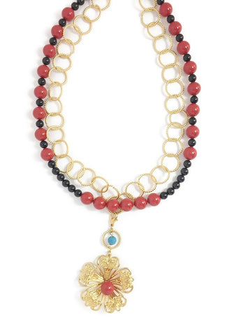 Red Black and Gold Crystal Pearl Pendant Necklace - Sudipta